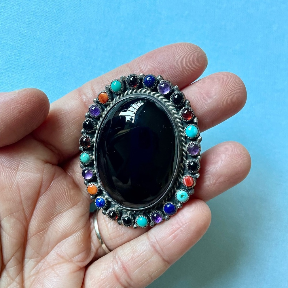 GORGEOUS South western sterling silver onyx/gemstone pin/necklace pendant